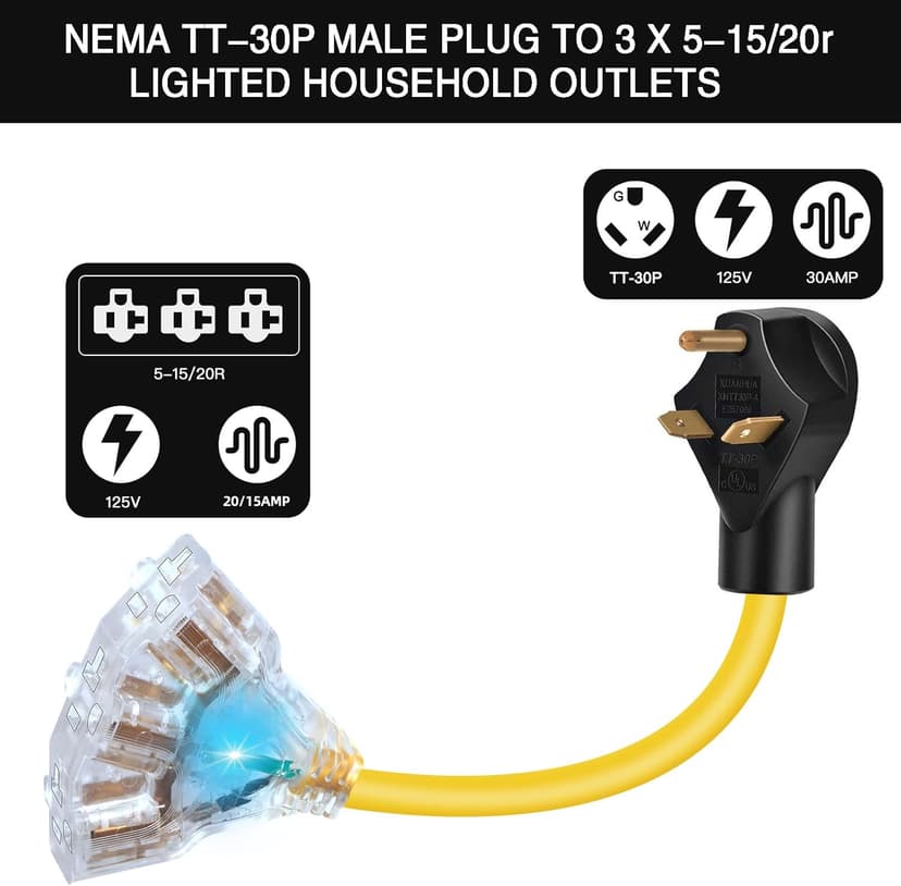 30 Amp to 110V 20 Amp RV Distribution Adapter,NEMA TT-30P Male to 3X 5-20R/15R Female,30 Amp to 15 Amp RV Adapter Extension Cord,3-prong to LIT 3-Way Outlet Splitter for RV Generators with Lighted End