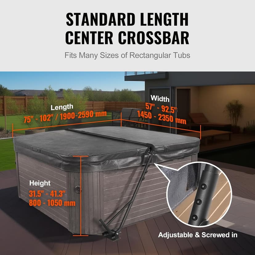 VEVOR Hot Tub Cover Lift, Spa Cover Lift, Height 31.5" - 41.3" Width 57" - 92.5" Adjustable, Installed Underneath on Both Sides, Suitable for Various Sizes of Rectangular Bathtubs, Hot Tubs, Spa