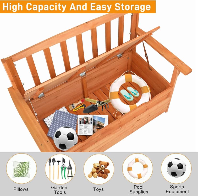 Outvita Outdoor Wood Storage Bench, Wooden Large Deck Box with Seating & Armrest, Waterproof Patio Organizer Loveseat for Garden Porch Deck Backyard Poolside, Natural