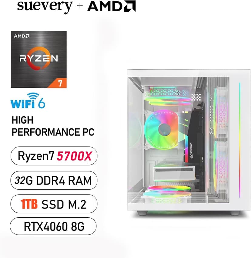 Pre Built Gaming PC RTX 4060 8G AMD Ryzen7 5700X(8Cores 3.4G UP to 4.6G) 1T SSD 32G RAM WI-FI 6 VR Business Desktop Computer White 4K