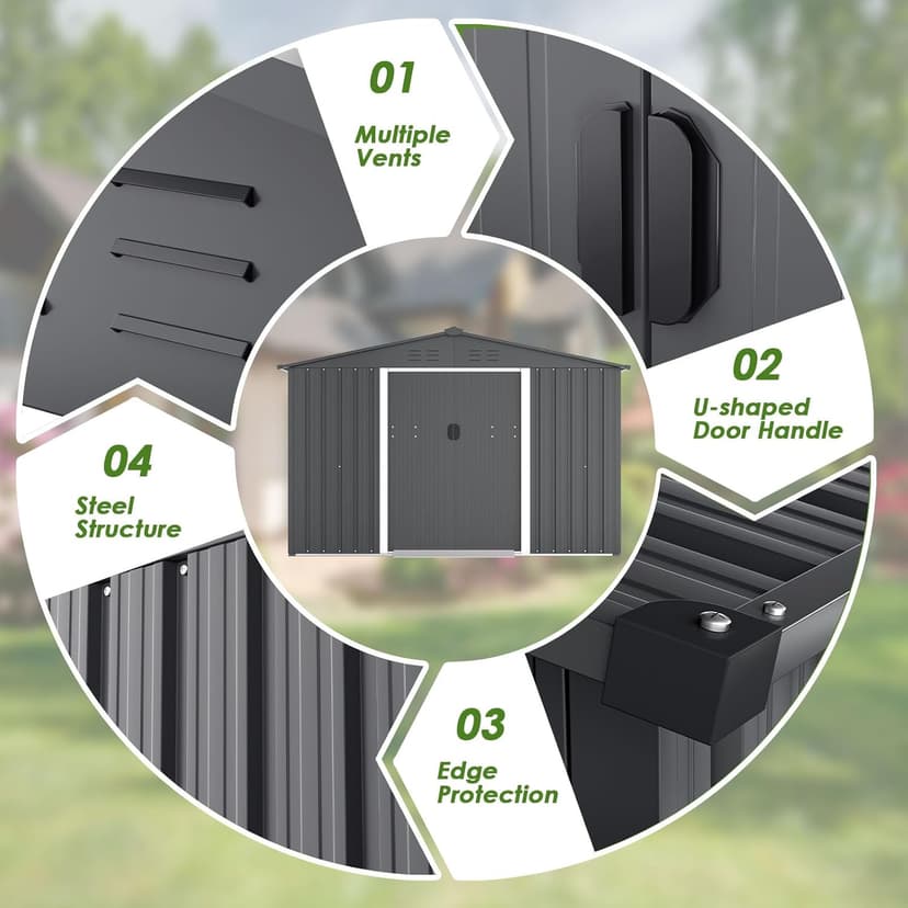 6x8 FT Outdoor Storage Shed, Metal Shed Kit with Double Doorknobs and Air Vents, Double Sloping Roof Garden Shed, Galvanized Shed with Sliding Door (Grey)