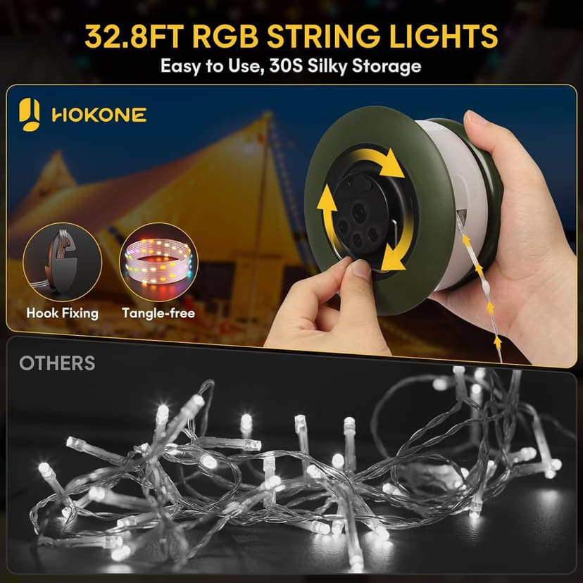 HOKONE Camping String Lights, 32.8FT 22 Lighting Modes Waterproof Rechargeable Quick Storage Portable Tent Lights Perfect for Spring Night Camping, Outdoor, Indoor, Party, Patio, Garden, Holiday Decor