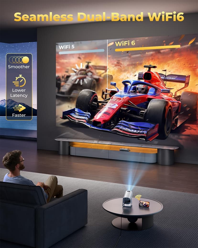 [Built-in Apps & Star Modes & Ambient Light] OPOQO 4K Mini Projector with WiFi and Bluetooth, Full HD 1080P Supported, 270° Portable Outdoor Movie Projector for TV Stick/Smartphone/HDMI/USB