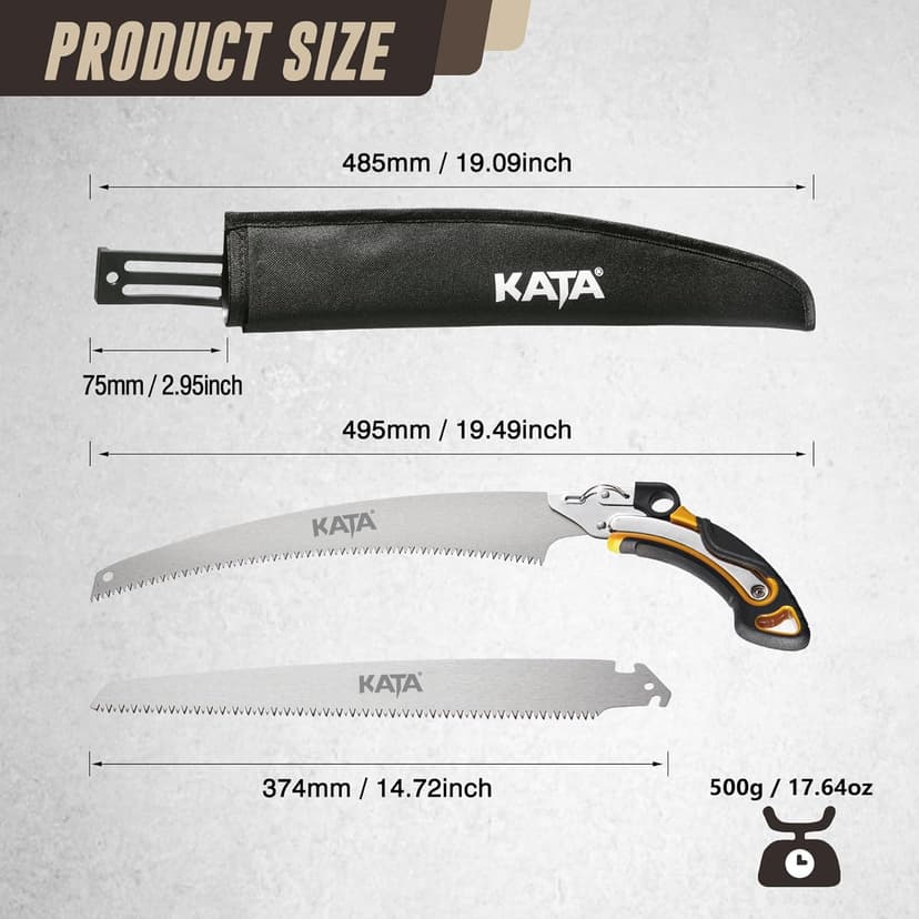 KATA 13.7 Inch Hand Pruning Saw Set, SK5 Curved and Straight Saw Blade in Oxford Safety Sheath, Survial Camping Hand Saw for Tree Trimming, Gardening, Wood Cutting