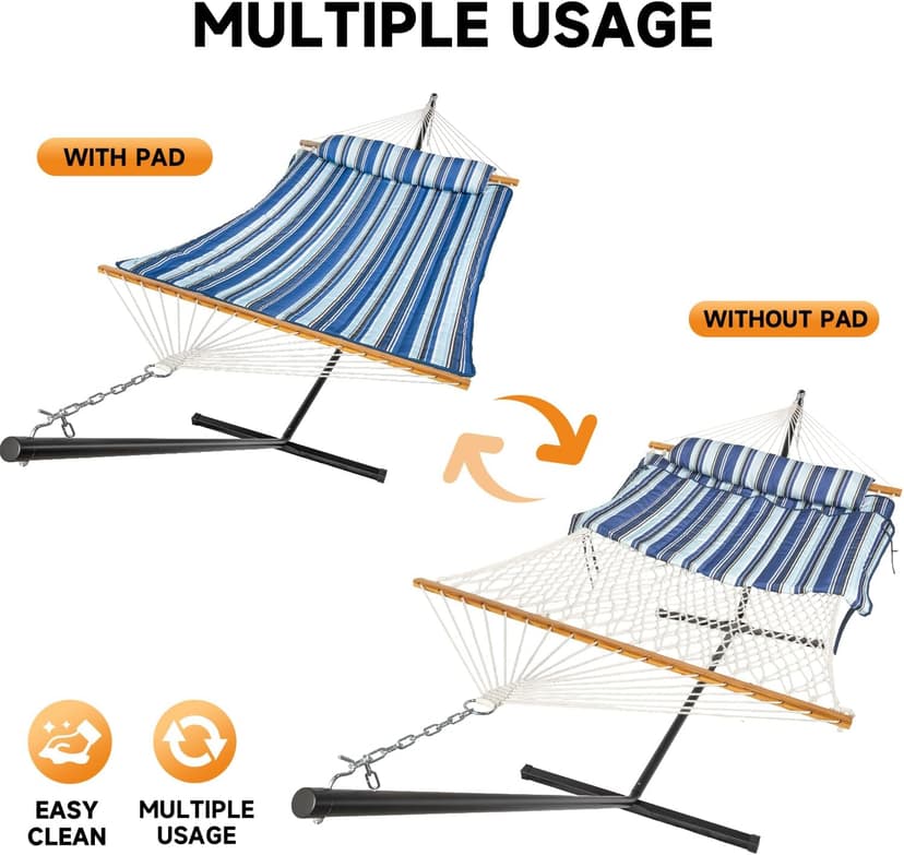 Double Hammock with Stand, 2 Person Cotton Rope Hammock with Removable Polyester Pad, 500LBS Capacity, Portable & Adjustable Design, Includes Storage Bag, Indoor Outdoor Use,Blue