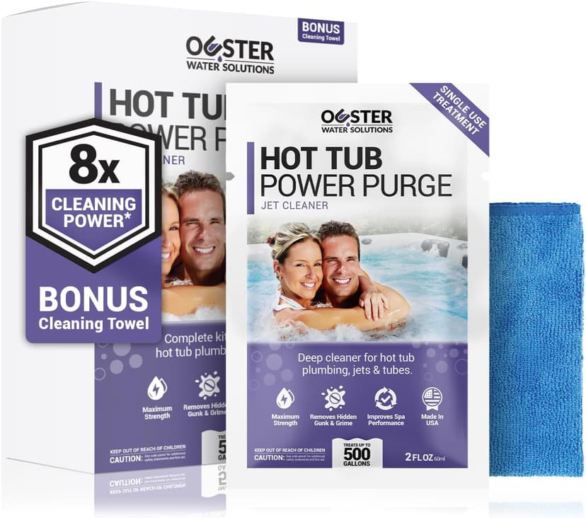 Power Purge Hot Tub Jet Cleaner w/Towel - Deep Hot Tub Cleaner for Jets, Tubes, Plumbing - for Standard & Inflatable Spas - Removes Gunk Buildup for Crystal Clear Water - Made in USA (Kit)