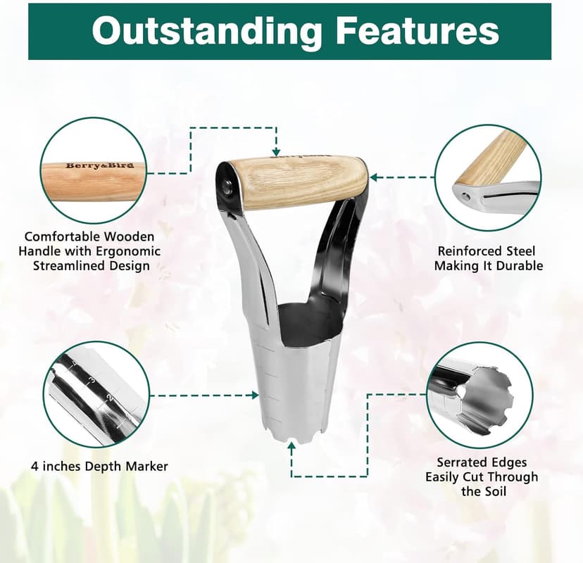 Garden Bulb Planter with 4 Inches Depth Mark, Stainless Steel Gardening Bulb Transplanter Tool with Short Handle for Planting Flowers Tulips, Daffodils, Lily, Dahlias