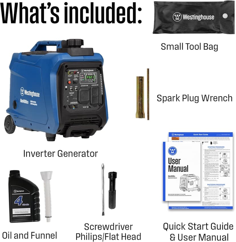Westinghouse 4000 Peak Watt Super Quiet Portable Inverter Generator, Wheel & Handle Kit, RV Ready 30A Outlet, Gas Powered, CO Sensor, Parallel Capable