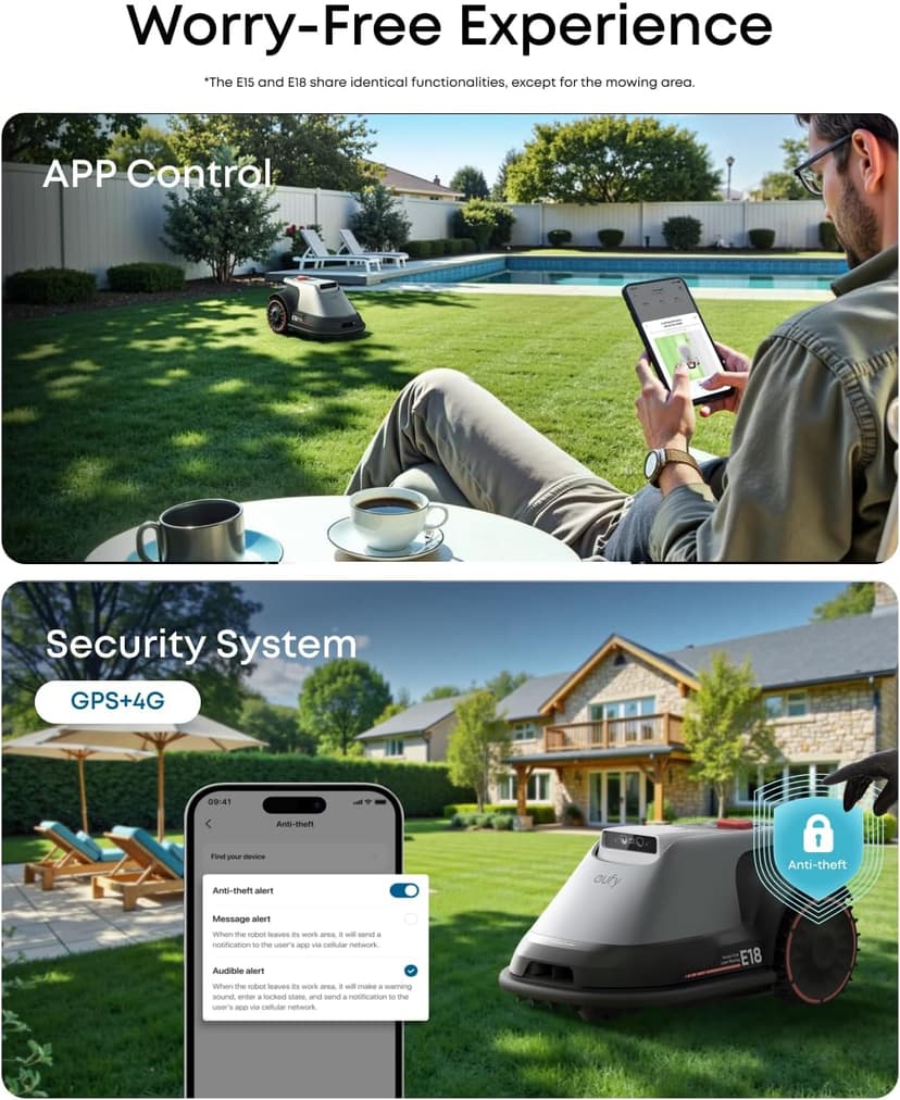 eufy Robot Lawn Mower E15, No Wire, No RTK, No Signal Issue, Hands-Free Auto Mapping, Precise Obstacle Avoiding, Reliable Lawn Maintenance, Worry-Free Experience