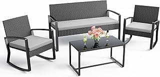 Ahomly 4 Piece Outdoor Patio Furniture Set, Wicker Patio Furniture with Glass Coffee Table, Rocking Wicker Bistro Set, for Backyard, Poolside, Porch (Grey)