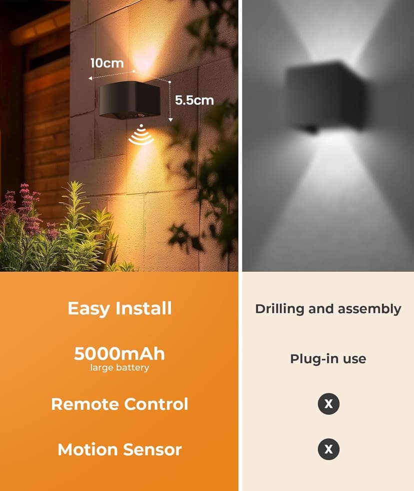 FULEN Motion Sensor Wall Light with Remote Control 3 Colors Wireless Wall Lamp LED Indoor Up and Down Wall Sconce 5000mAh Rechargeable Battery Powered Wall Lamps Brightness Adjustable, Black 2 Pack
