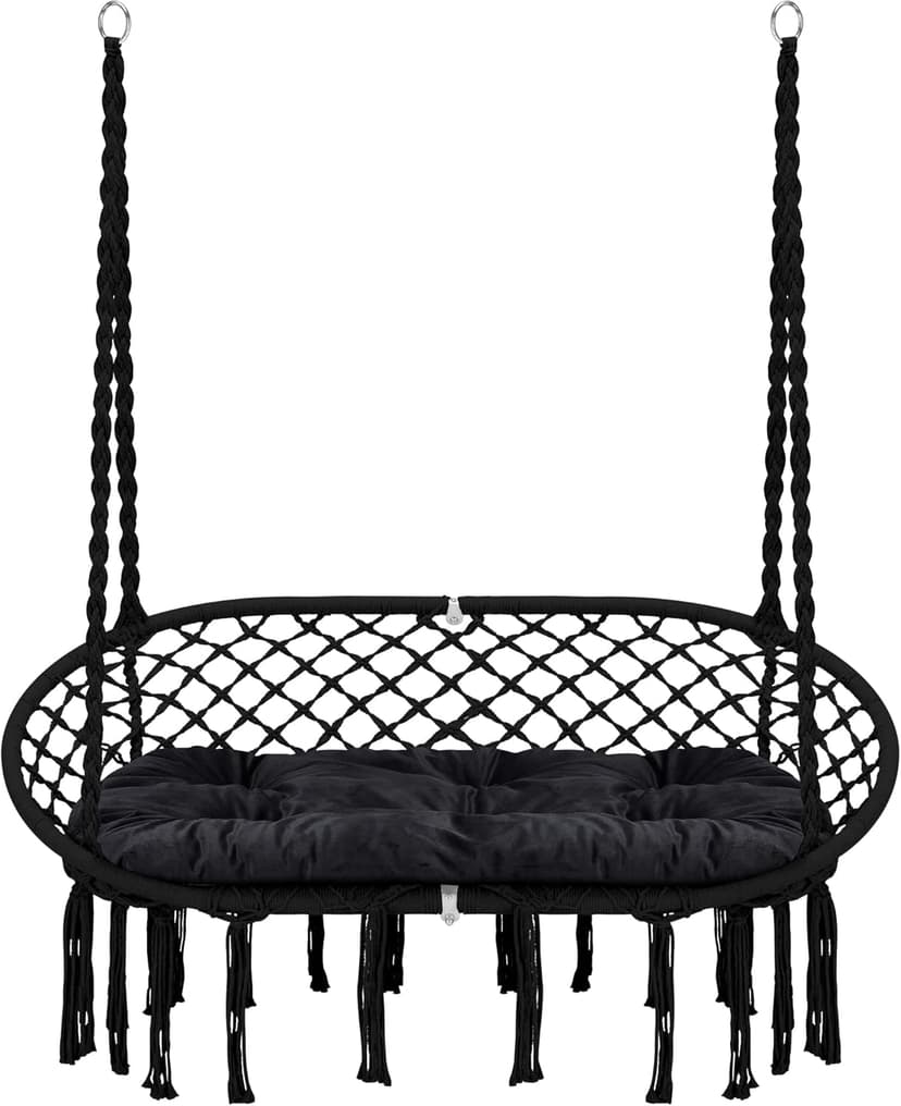 Hammock Chair Macrame Hanging Swing with Cushion,Hanging Cotton Ropes, Metal Frame, 450 lbs Capacity Indoor Outdoor, Patio, Balcony, Living,Deck, Yard, Garden(Double Swing)