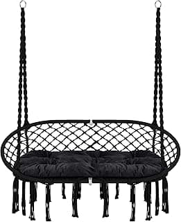 Hammock Chair Macrame Hanging Swing with Cushion,Hanging Cotton Ropes, Metal Frame, 450 lbs Capacity Indoor Outdoor, Patio, Balcony, Living,Deck, Yard, Garden(Double Swing)