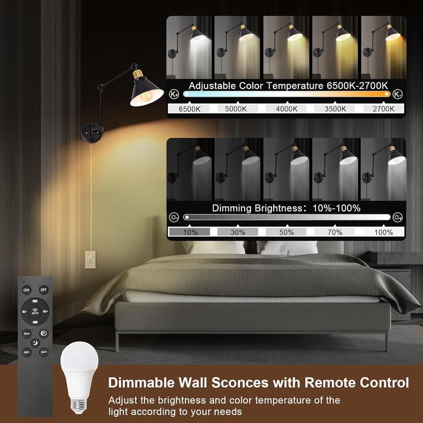 TRLIFE Dimmable Wall Sconce, Remote Control Plug in Wall Sconces Dimming 10%-100% and Adjustable Color Temperature 2700K-6000K, Swing Arm Wall Lights with Plug in Cord, UL Listed(2 Pack, 2 Bulbs)