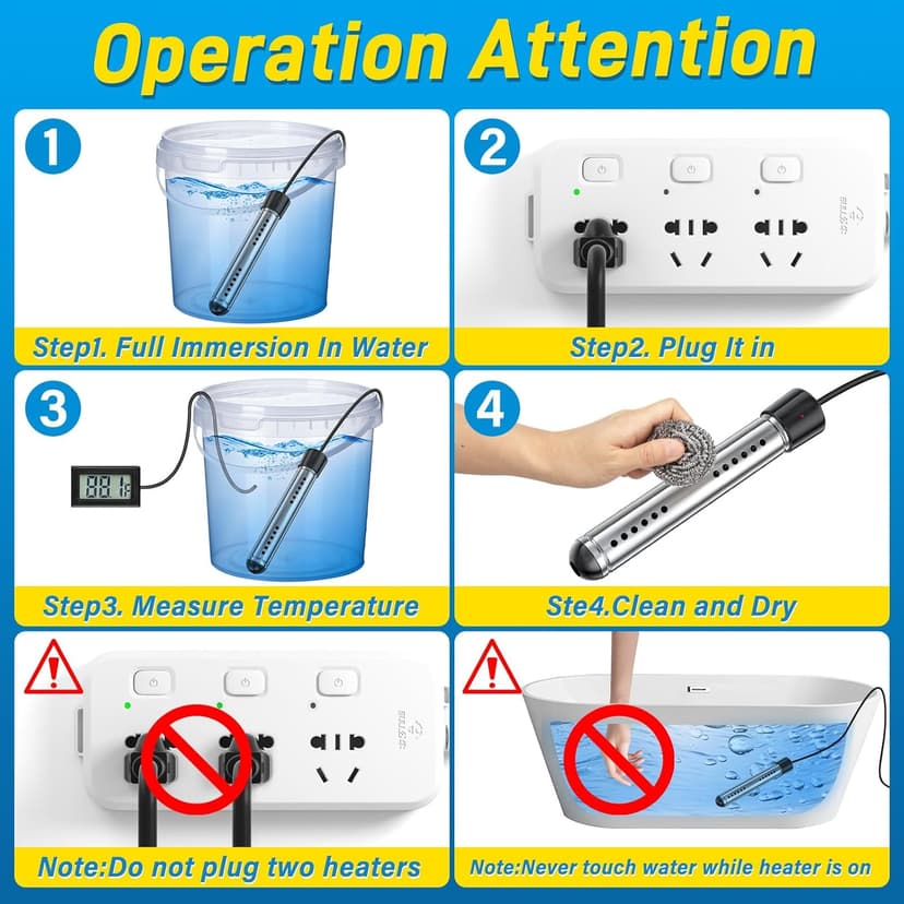 2000W Immersion Water Heater, Portable Water Heater Electric with Real-Time LCD Thermometer Control, with 304 SS Guard Fast Heats up 5 gallons Water in Minutes for Bucket, Basin, Bathtub, Small Pool
