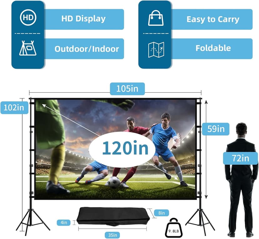 Projector Screen and Stand,Towond 120 inch Outdoor Projection Screen, Portable 16:9 4K HD Rear Front Movie Screen with Carry Bag Wrinkle-Free Design for Home Theater Backyard Cinema