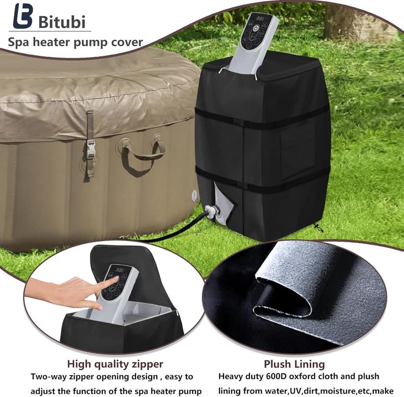 Bitubi Hot Tub Spa Heater Pump Winter Cover, Waterproof Heavy Duty Hot Tub Insulated Pump Cover with Plush Lining for Most Inflatable Hot Tub Spa Heater Pump on Market (Black,Cover only)
