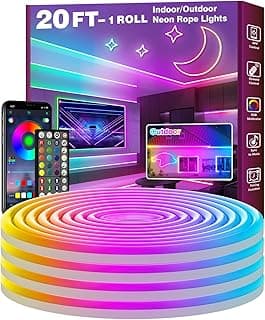 FBZ 20Ft Led Rope Lights, Flexible Neon Lights Control with App/Remote, Multiple Modes, IP65 Outdoor RGB Waterproof, Music Sync Gaming Light Strip for Bedroom Decor