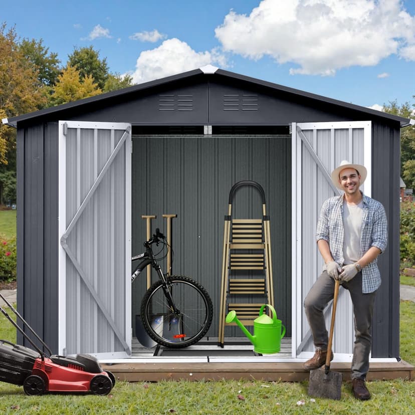 8' x 6' Outdoor Storage Shed with Base Kit, Sturdy Metal Building w/Lockable Doors for Garden, Backyard, Poolside and Lawn, Black
