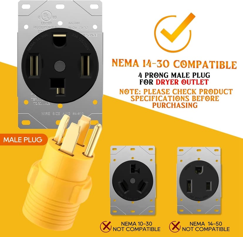 Kanayu 4 Prong 30 Amp Dryer Adapter Compatible with NEMA 14-30P to L14-30R, 4 Prong Dryer Outlet to Generator Locking Plug Adapter Welder Generator EV Charger Cord Adapter