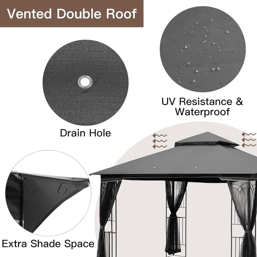 ECOTOUGE Outdoor Gazebo 10x10 for Patios, Double Waterproof Soft-top Canopy, Garden Tent with Netting for Party, Backyard, Grey