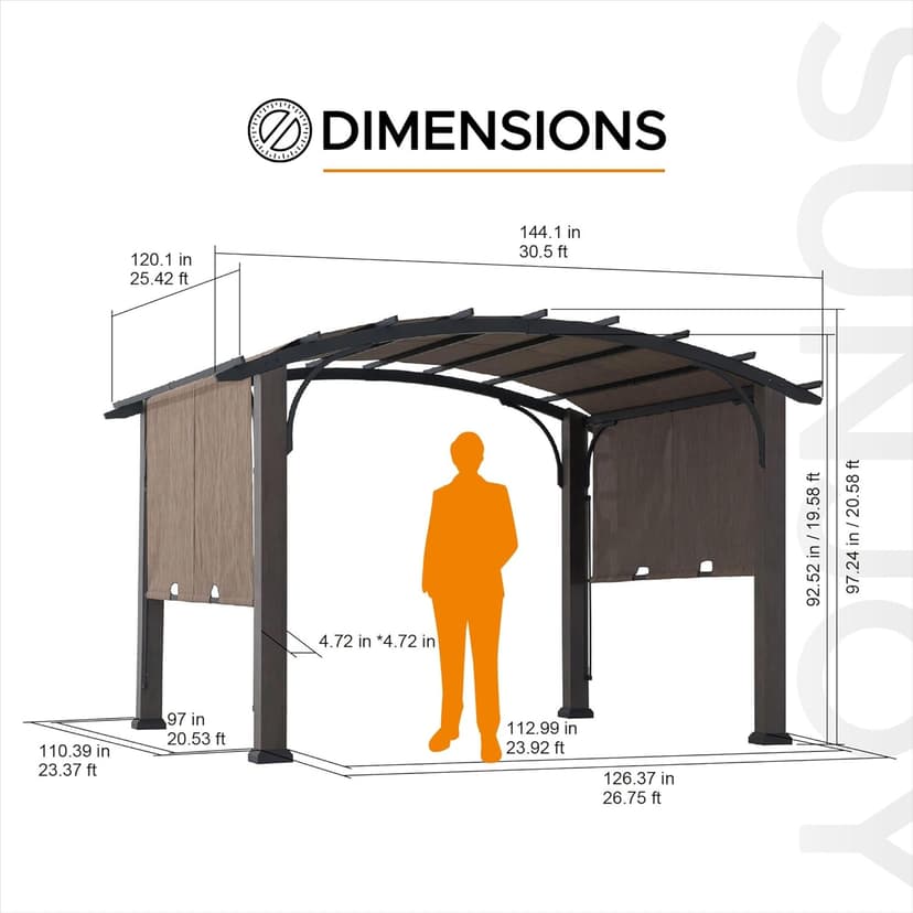 Sunjoy 10’ x 12’ Pergola, Outdoor Steel Arched Pergola with Adjustable Canopy and Natural Woodgrain Metal Posts for Patio, Backyard, and Garden, Tan…
