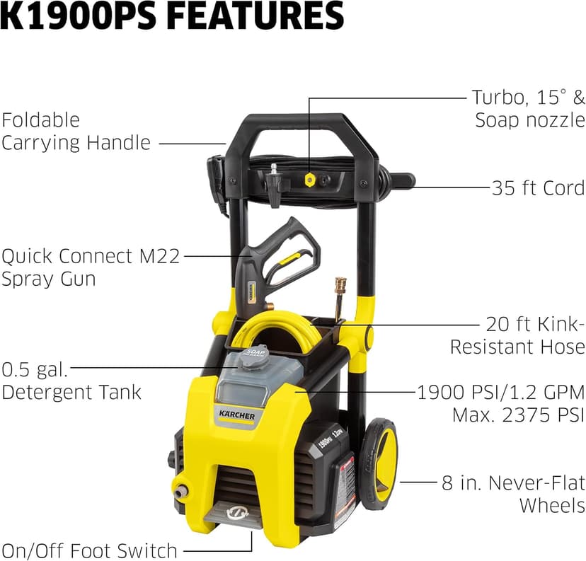 Kärcher Pressure Washer K1900PS, Max 2375 PSI, 3 Spray Nozzles, Detergent Tank, For Cars, Driveways, Siding, Patios, 1.46 max. GPM