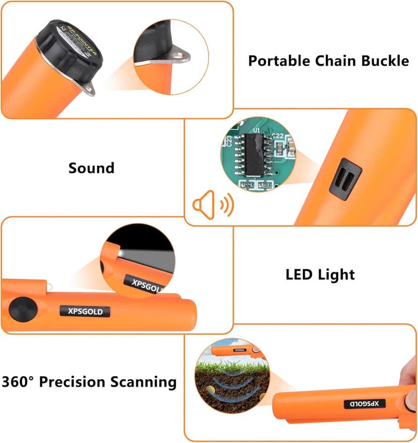 Metal Detector Pinpointing,Waterproof Pinpointer 360 Degree Search Gold&Treasure Finder with Belt Holster &LED Indicator& Buzzer Vibration, for Adults and Kids (Orange)