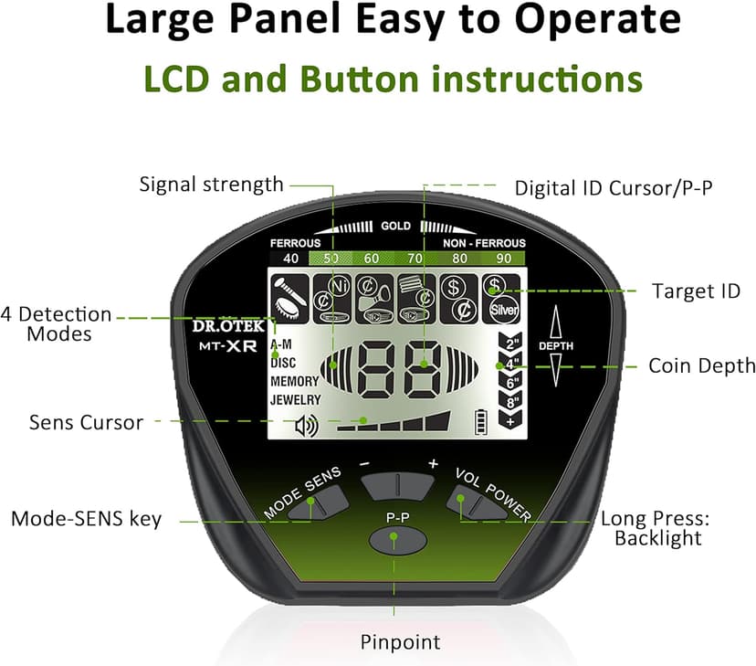 DR.ÖTEK Metal Detector for Adults Professional, Gold Metal Detector, Pinpoint & Exclusive Memory Mode, Higher Accuracy, IP68 Waterproof Coil, Bigger Backlit LCD Display, New Advanced DSP Chip, Green