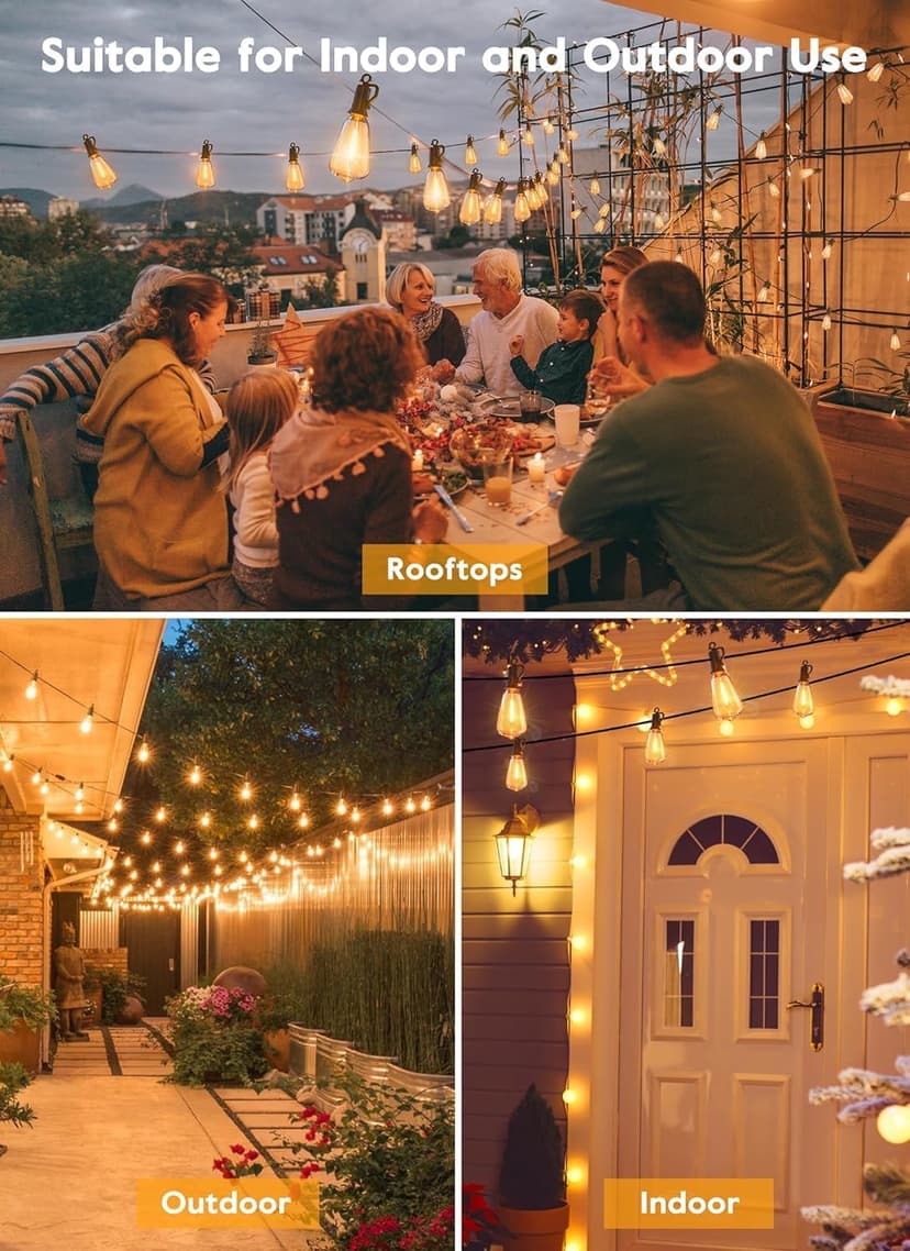 Brightown LED Outdoor String Lights 30FT for Patio with 16 Shatterproof ST38 Vintage Edison Bulbs, Waterproof Outside Hanging Lights for Backyard Deck Garden Party Xmas Decor, 2700K