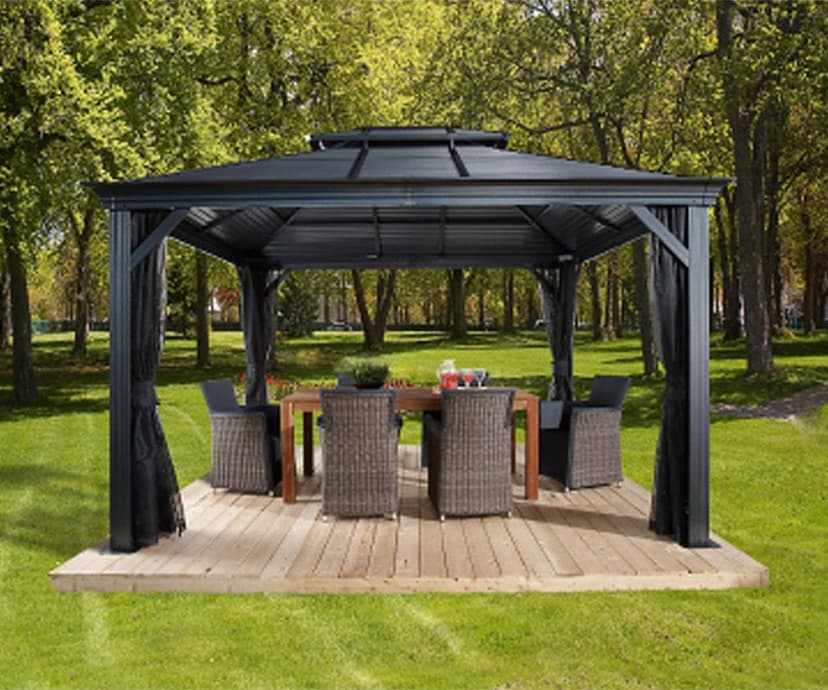 Sojag 10' x 12' Mykonos Double Roof Hardtop Gazebo Outdoor Weather-Resistant Aluminum Frame Sun Shelter Dark Grey