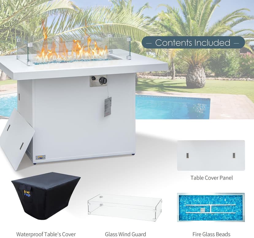 NICESOUL 43'' Outdoor Aluminum Firepit Table, 60,000 BTU Propane/Natural Gas, Rectangle CSA-Certified Fire Pit with Wind Guard & Glass Rocks, Rust-Proof Luxury Fireplace for Patio Poolside Deck, White