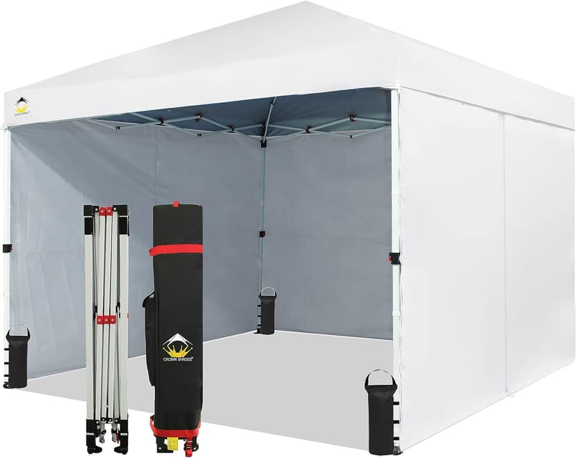 CROWN SHADES 10X10 Comercial Instant Canopy Pop Up Tent with Center Lock (10x10 with 4 Sidewalls, White)