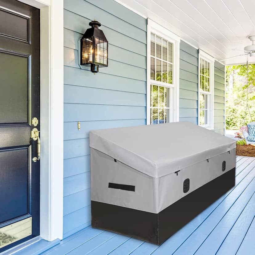Outdoor Waterproof Storage Box, 150 Gallon, Waterproof PE Tarpaulin Deck Box w/Galvanized Metal Frame, All-Weather Protection & Portable, for Porch, Garden, Poolside, and Yard (Black & Grey)