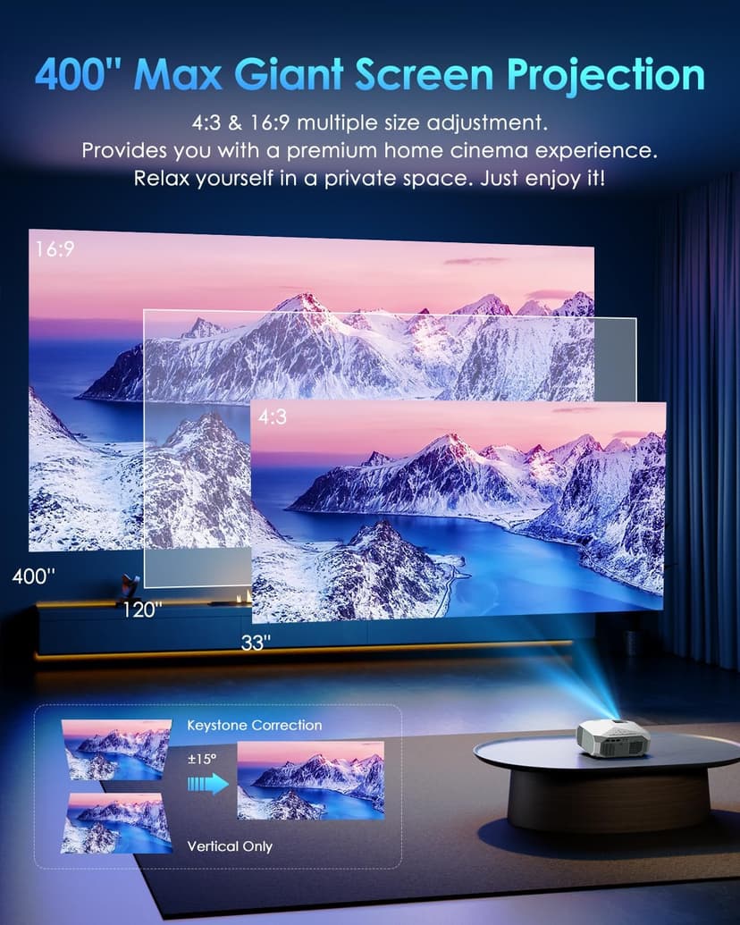 YOWHICK 4K Projector with WiFi and Bluetooth, 20000L Native 1080P Outdoor Portable Movie Projector, Smart Video Projector, 50% Zoom/400" Display, Compatible with HDMI/USB/PC/TV/PS5/DVD/Android/iOS