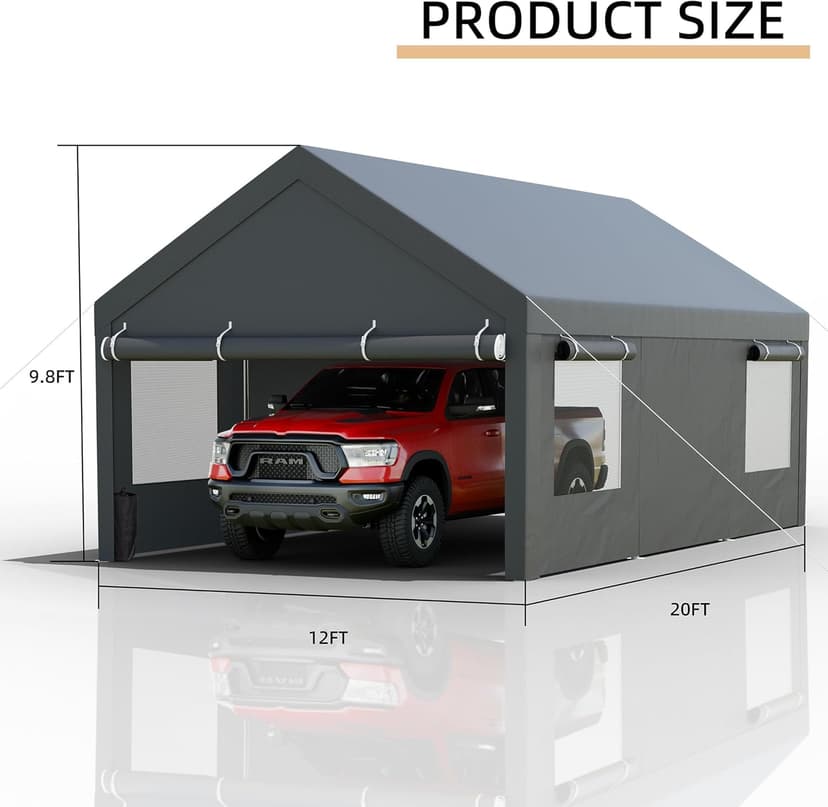 JY QAQA Carport, 12x20 FT Heavy Duty Carport with Removable Side Walls and Doors, Portable Garage with Roll-Up Window and Sandbags, Car Canopy with All-Season Tarp for Cars, Trucks, Boats, Gray