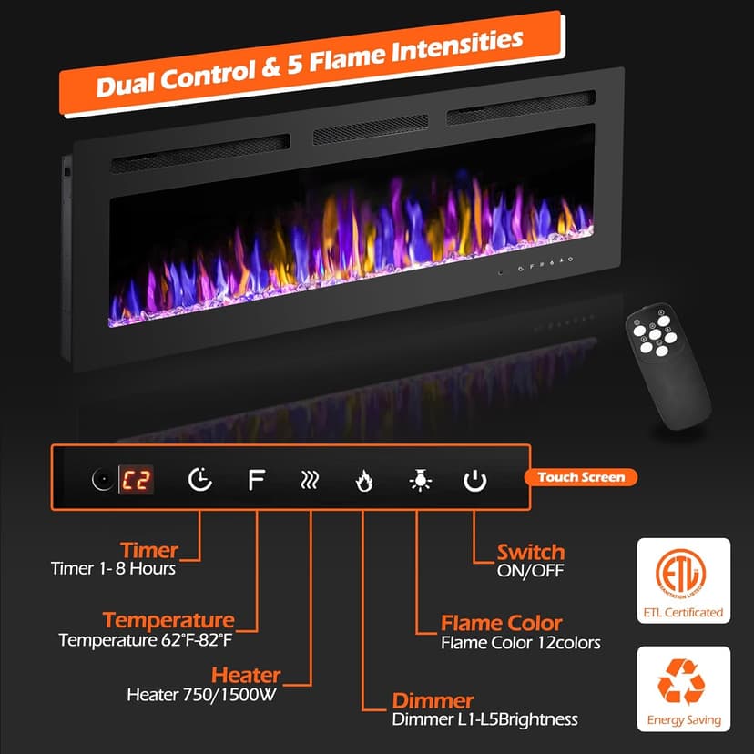 50" Electric Fireplace Wall Mounted and Recessed with Remote Control, 750/1500W Ultra-Thin Wall Fireplace Heater W/Timer Adjustable Flame Color and Brightness, Log Set & Crystal Options