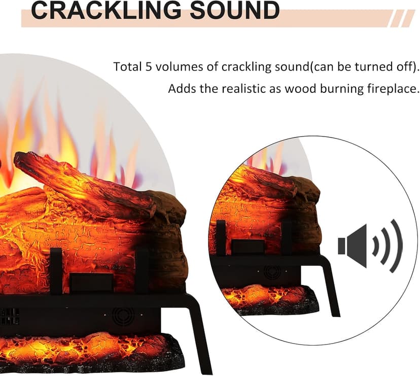 PuraFlame 24" Free Standing Electric Fireplace Log Set Insert, 750W/1500W Heater, 6 Flame Colors with 5 Brightness, Crackling Sound, Remote Control