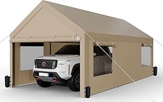 Shintenchi Carport 10' x 20' Heavy Duty Portable Garage, Car Port Canopy with Side-Opening Removable Door & Roll-Up Windows, Car Canopy for Truck, Boat, Motorcycle, Khaki