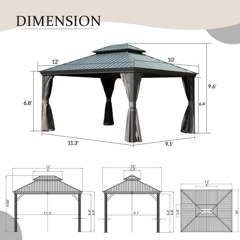 Domi 10' X 12' Hardtop Gazebo Outdoor Metal Gazebo with Galvanized Steel Double Roof Canopy, Aluminum Frame, Curtains and Netting for Patio, Deck, Garden, Grey