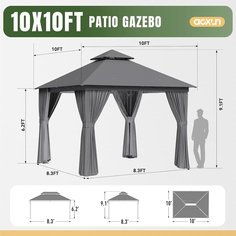 AOXUN Outdoor Gazebo for Patio 10x10, Metal Frame Canopy with Double Roofs, Heavy Duty Party Tent and Shelter with Mosquito Netting and Privacy Screen for Backyard, Lawn, Garden, Deck (Grey)