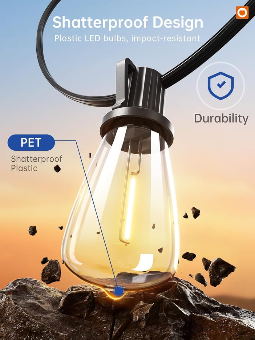 addlon 50FT LED Outdoor String Lights with 16 Shatterproof ST38 Bulbs, Commercial Grade Patio Light, Vintage Outside Hanging Waterproof, Outdoor Connectable for Garden Porch Backyard Balcony