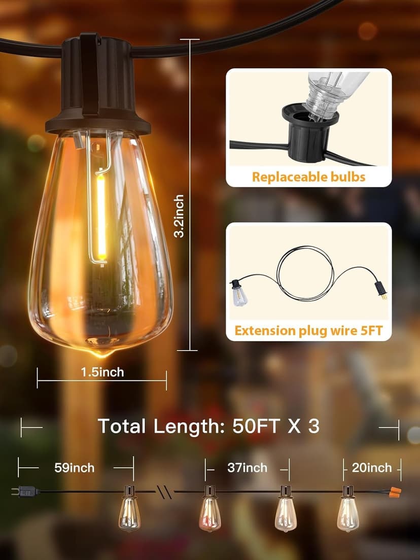 addlon 150 FT (3x50FT) Outdoor String Lights,Waterproof Patio Lights ETL Listed with 45+3 Shatterproof Dimmable ST38 LED Bulbs,2200K Connectable Outdoor Lighting for Backyard Bistro Garden