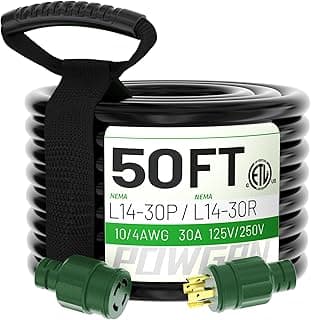 50 FT 30 Amp Generator Extension Cord 4 Prong, Heavy Duty NEMA L14-30P to NEMA L14-30R, 125/250V 7500W, Green 10 Gauge STW Twist Locking House Power Cord, 50 Feet Generator Cable