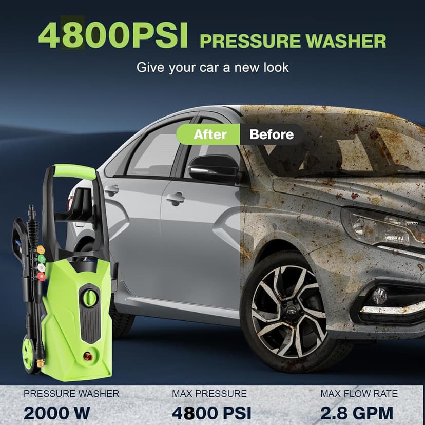 2025 New 4800PSI Electric Pressure Washer, Power Washer with 33FT Resistant Extension Hose and 4 Nozzles, Compatible with Extended Undercarriage Cleaners, Professional Powerwashers for Home/Car(Green)