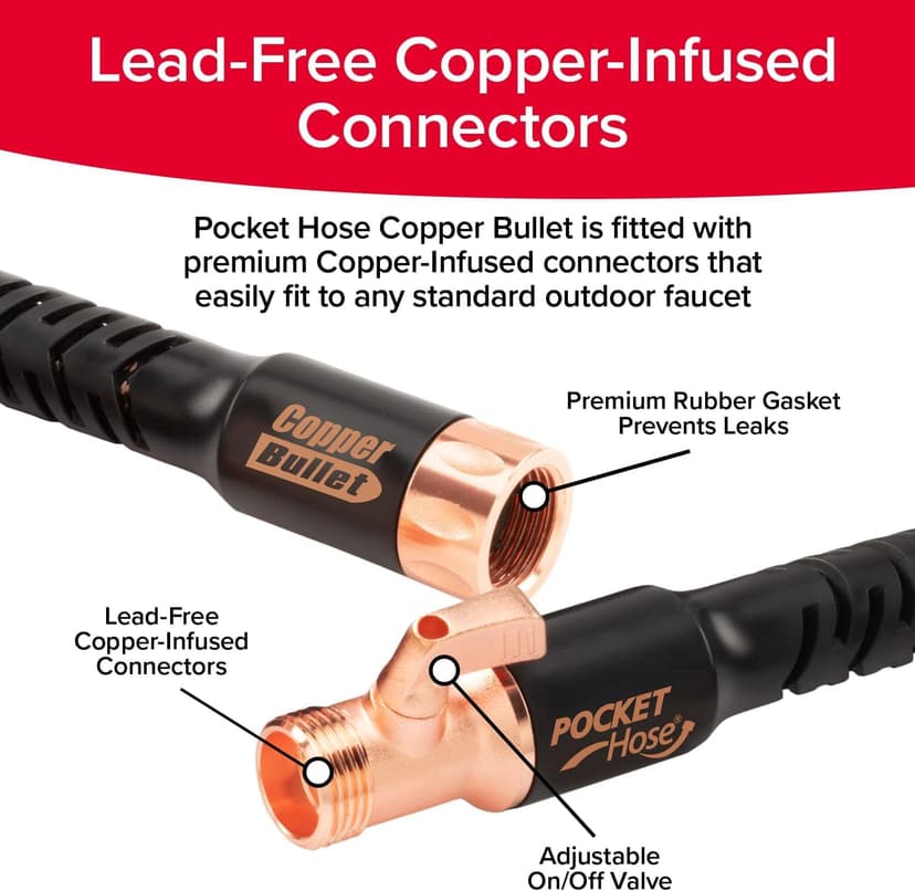 Pocket Hose Copper Bullet Expandable Garden Hose 50 FT w/10 Pattern Thumb Spray Nozzle AS-SEEN-ON-TV 650psi 3/4 in Patented Lead-Free Ultra-Lightweight Solid Copper Anodized Aluminum Fittings No-Kink