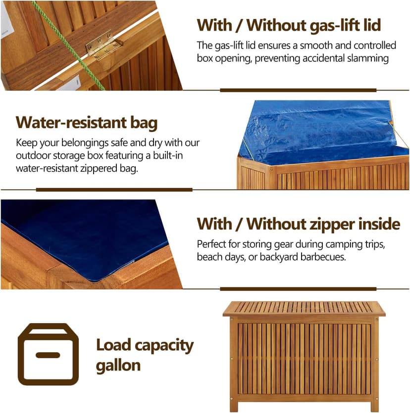 vidaXL Outdoor Storage Box, [Load Capacity Gallon] Deck Box with Lid, Storage Chest with Water-Resistant Bag Inside, 35.4''x19.7''x22.8'', Solid Acacia Wood