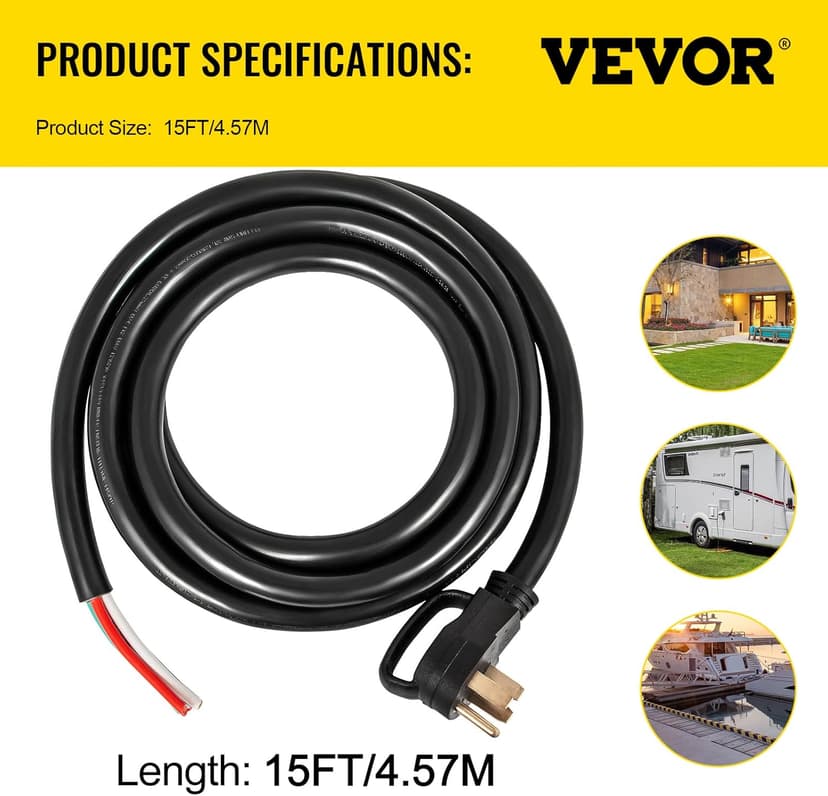 VEVOR 15 FT 50 Amp Generator Extension Cord 4 Wire 6 Gauge STW 6/3+8/1, 125V 250V Generator Power Cord N14-50P & SS2-50R with Portable Handle