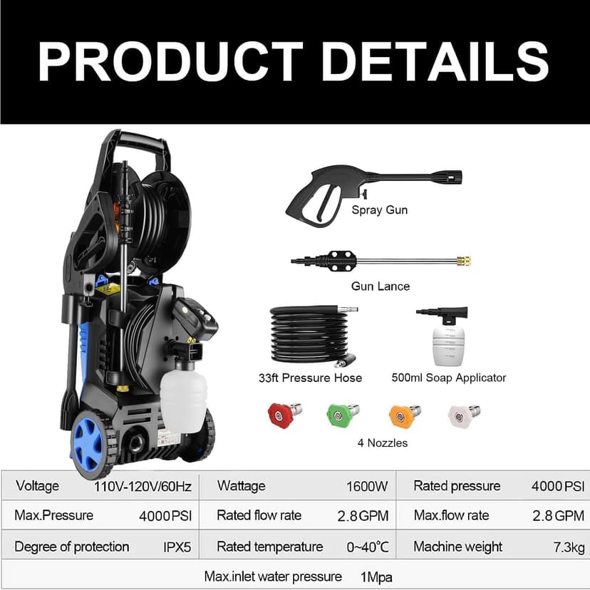 4500PSI Electric Pressure Washer 2.8GPM Power Washer 1600W High Pressure Cleaner Machine with 4 Nozzles Foam Cannon Powerwasher for Home use, 2-Year Limited (Blue)