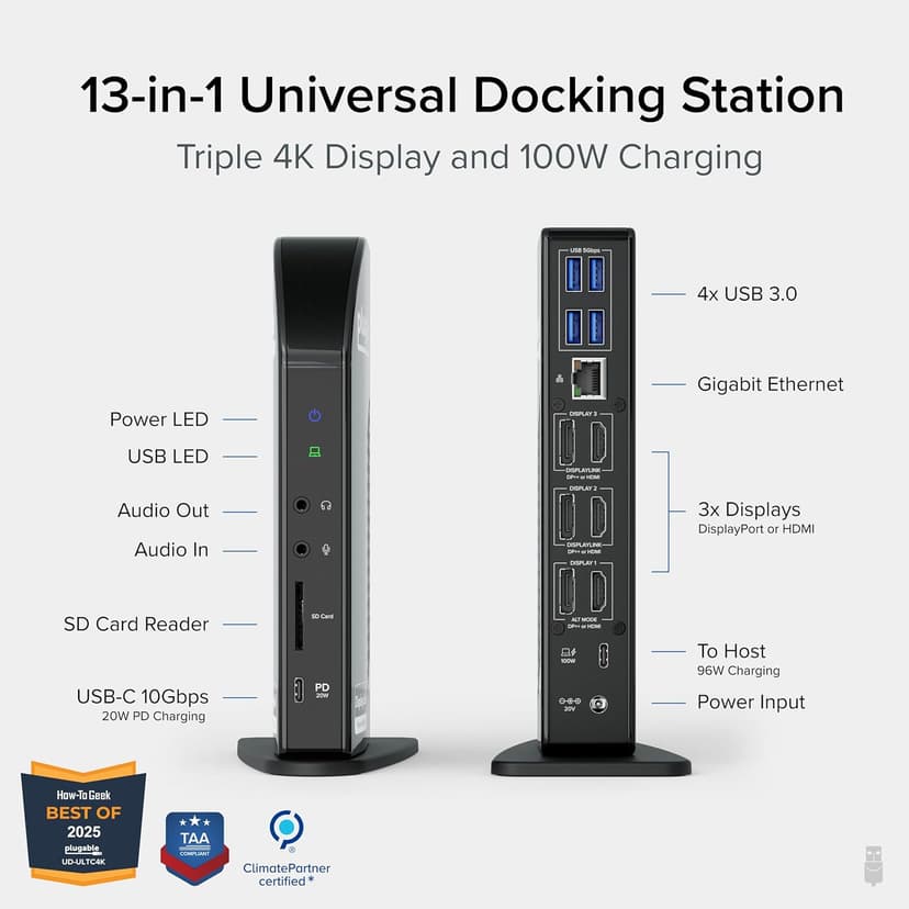 Plugable 13-in-1 USB C Docking Station 4K Triple Monitor with 100W Power Delivery | USB C Dock for Windows, Mac, ChromeOS, Thunderbolt | Driver Required | 3X HDMI and 3X DisplayPort (UD-ULTC4K)